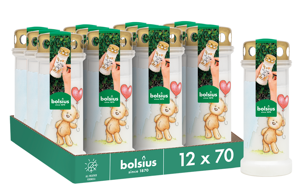 Bolsius - Herdenkingslicht - Wit met Teddybeer Print - 12 stuks - 70 branduren - 3 Dagen
