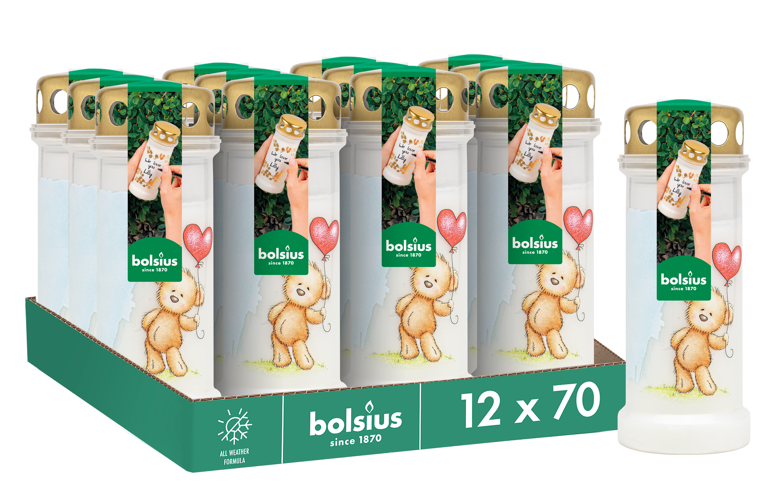 Bolsius - Herdenkingslicht - Wit met Teddybeer Print - 12 stuks - 70 branduren - 3 Dagen