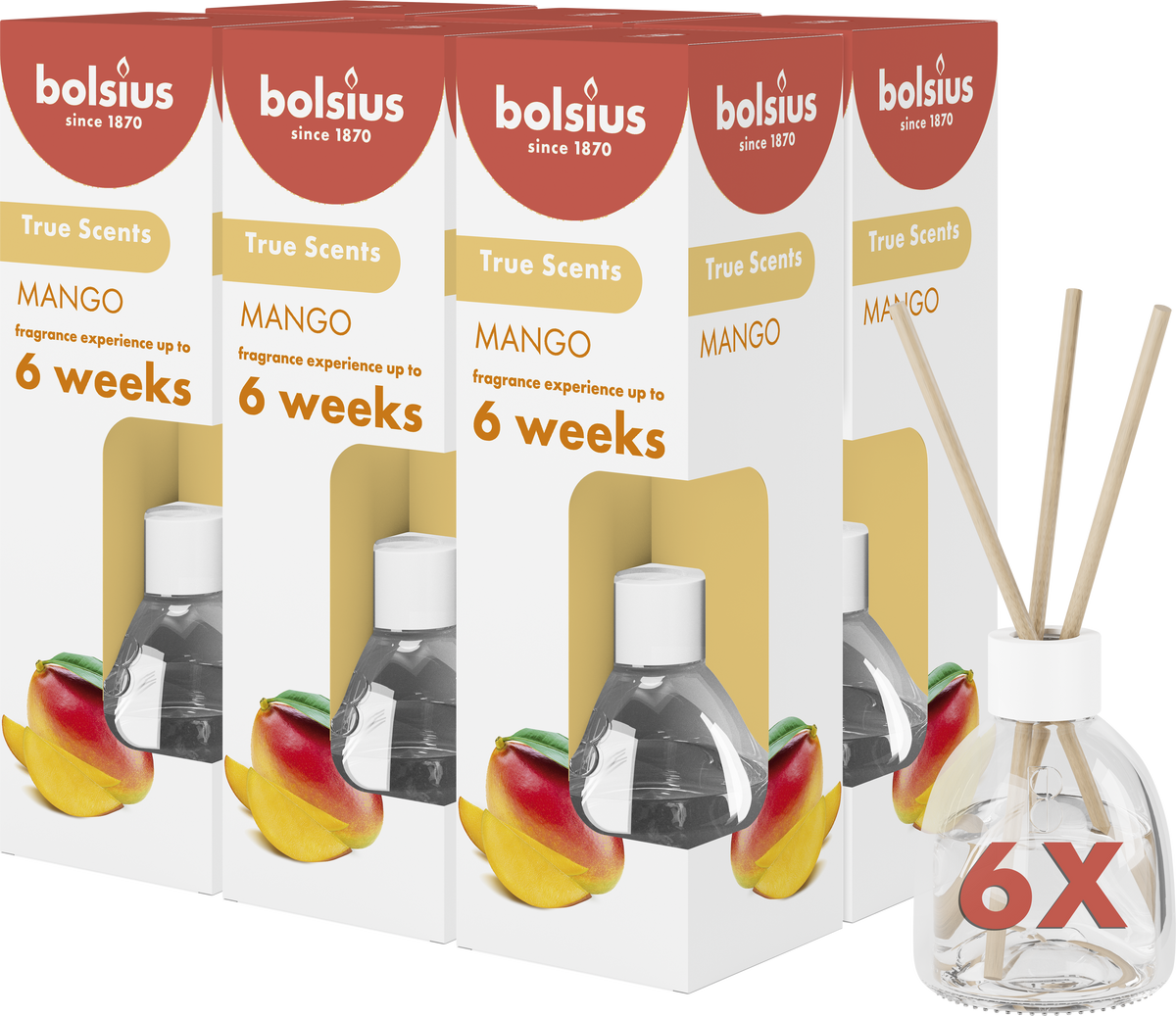 Bolsius True Scents - Geurstokjes - Mango - 6 stuks - Voordeelverpakking - 60ml