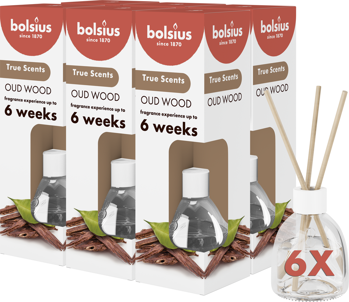 Bolsius True Scents - Geurstokjes - Oud Wood - 6 stuks - Voordeelverpakking - 60ml