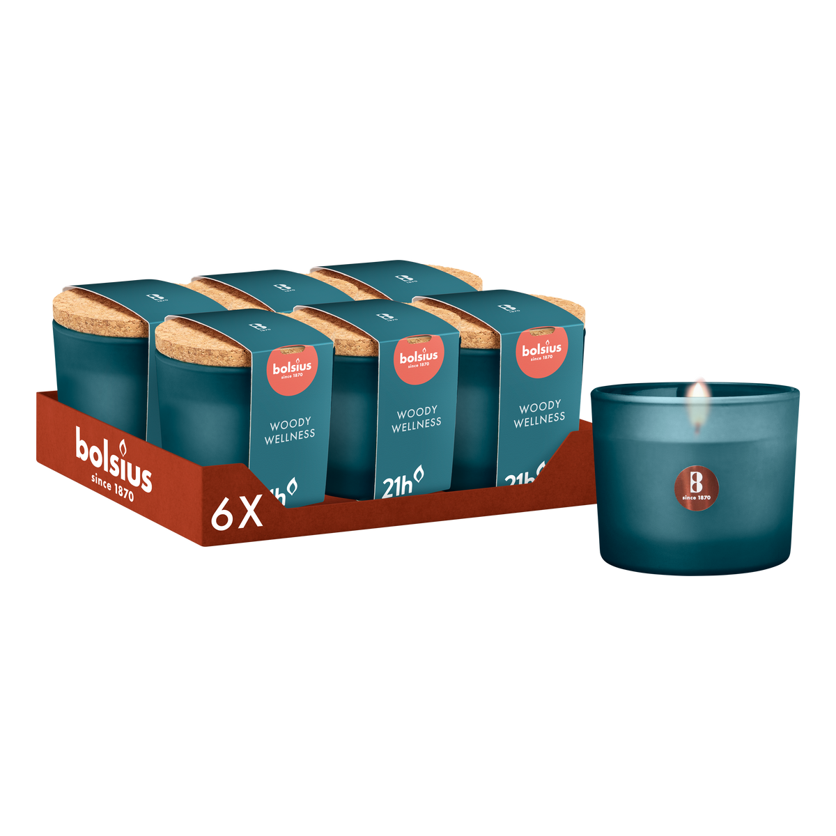 Bolsius - True Joy - 6 Geurkaarsen met Kurken Deksel - Woody Wellness - Blauw - Voordeelverpakking - Geur Kaars