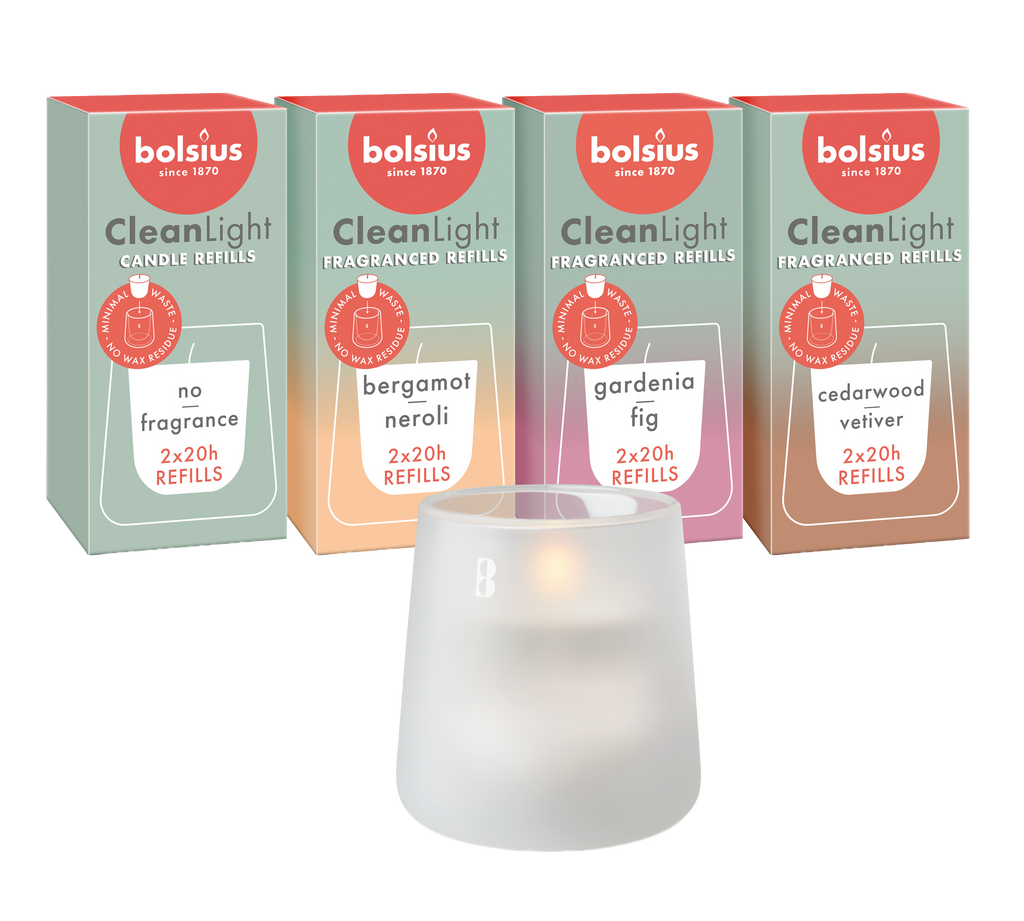 Bolsius - CleanLight - Wit - Houder en navulbare Geurkaarsen - Starterkit - Met 9 (on)gegeurde Refills