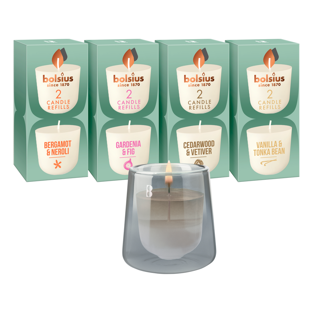 Bolsius - CleanLight - Grijs - Houder en navulbare Geurkaarsen - Starterkit - Met 9 gegeurde Refills