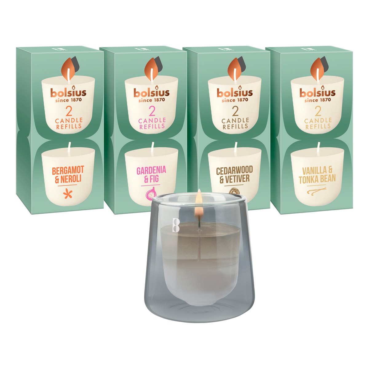 Bolsius - CleanLight - Grijs - Houder en navulbare Geurkaarsen - Starterkit - Met 9 gegeurde Refills