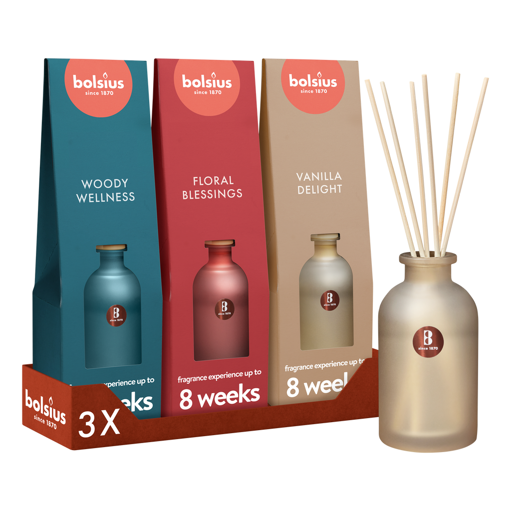 Bolsius - Geurstokjes True Joy - 3 Geuren - Vanilla Delight - Floral Blessings - Woody Wellness - 80 ml - Giftset