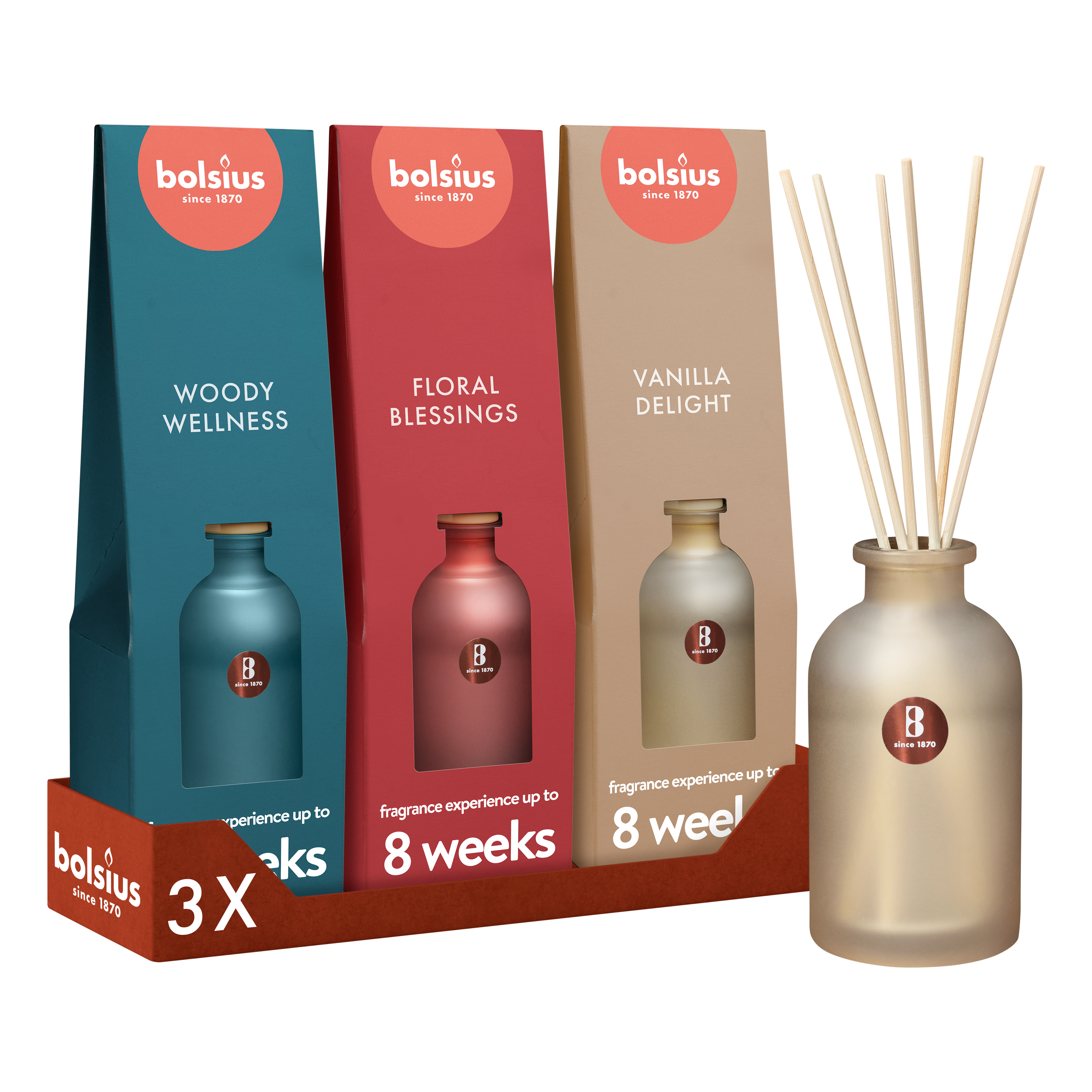 Bolsius - Geurstokjes True Joy - 3 Geuren - Vanilla Delight - Floral Blessings - Woody Wellness - 80 ml - Giftset