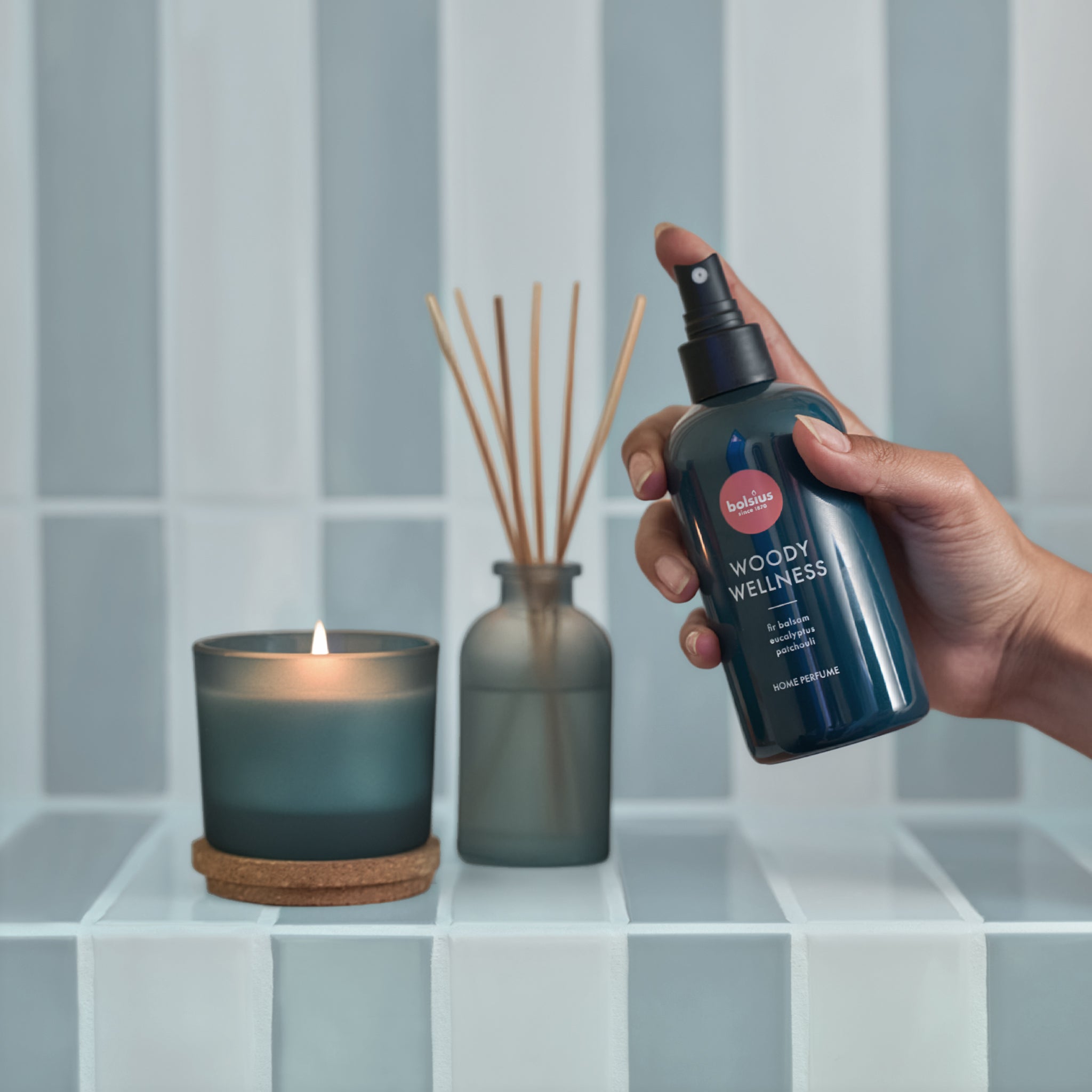 Bolsius - True Joy set - Geurkaars - Geurstokjes - Huisparfum - Woody Wellness