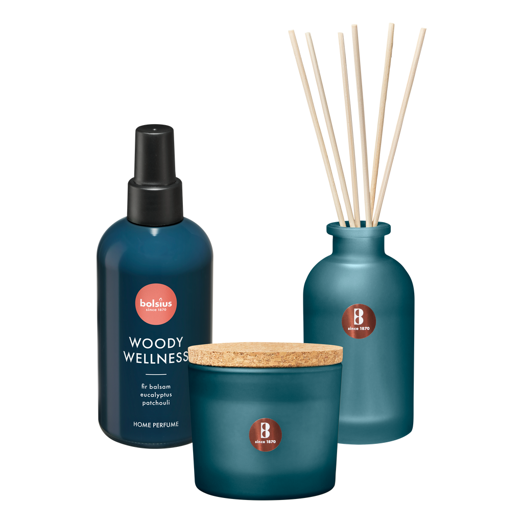 Bolsius - True Joy set - Geurkaars - Geurstokjes - Huisparfum - Woody Wellness