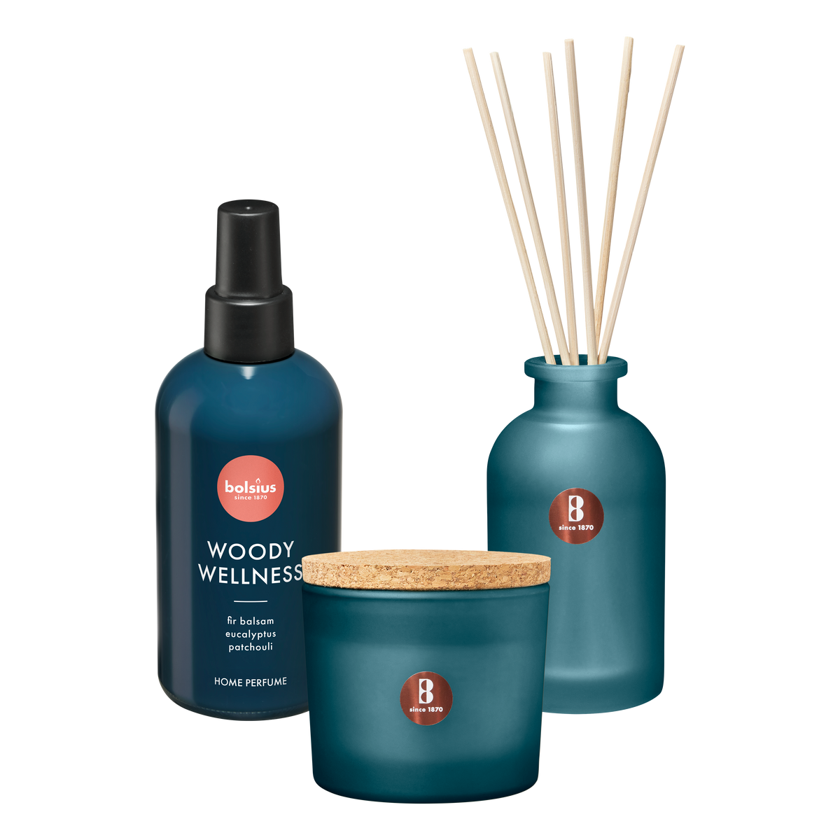 Bolsius - True Joy set - Geurkaars - Geurstokjes - Huisparfum - Woody Wellness
