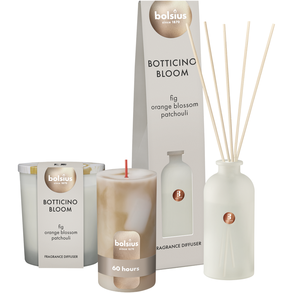 Bolsius - Botticino Bloom set - Geurkaars - Geurstokjes - Marble Kaars - Beige