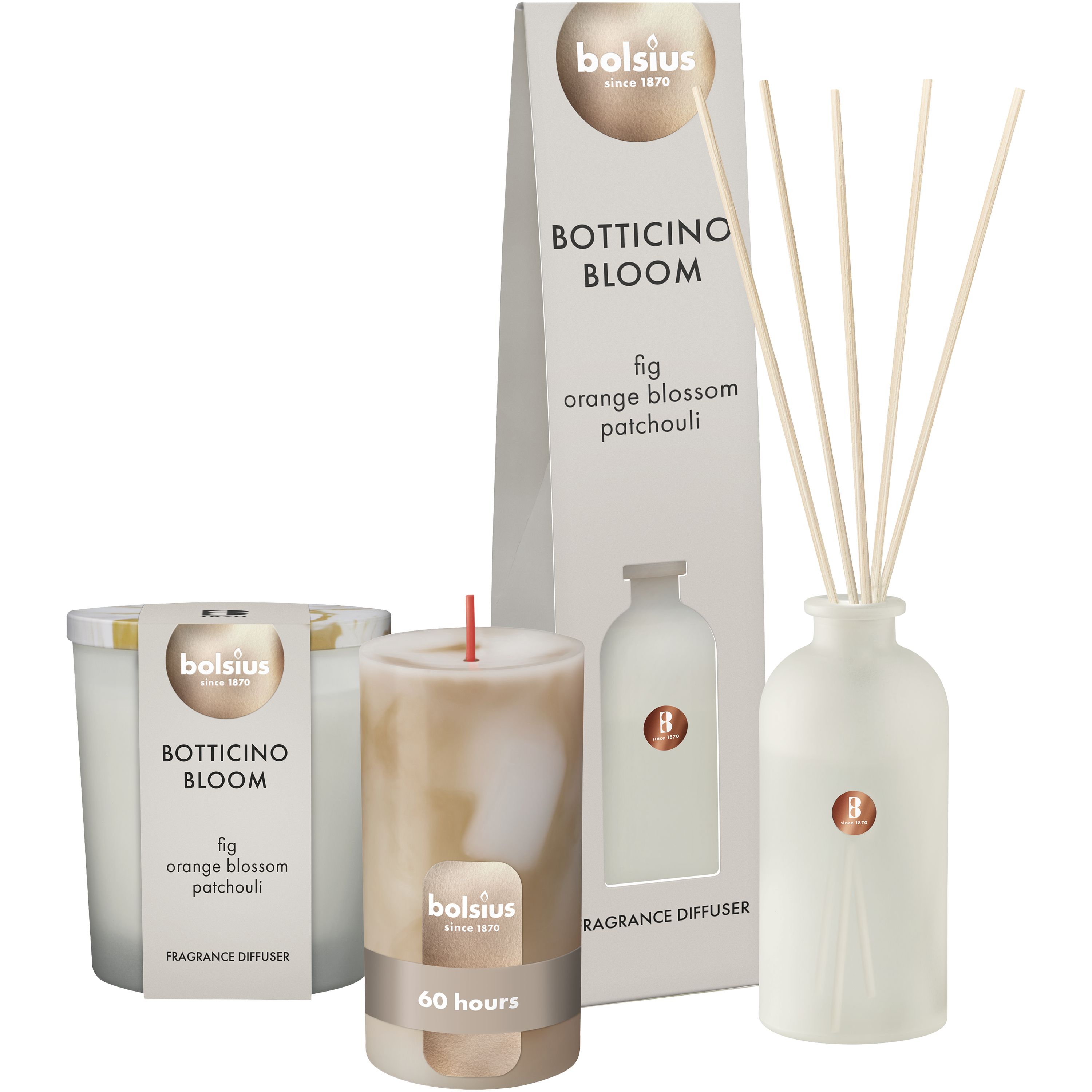 Bolsius - Botticino Bloom set - Geurkaars - Geurstokjes - Marble Kaars - Beige