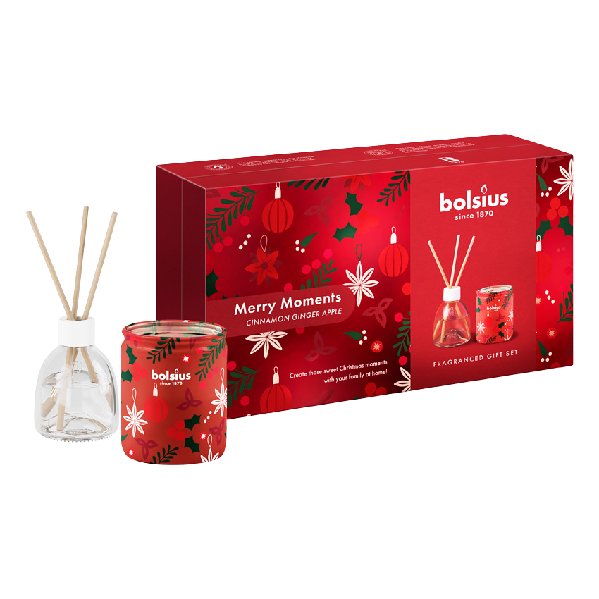Bolsius - 2x Giftset Merry Moments - Geurstokjes & Geurkaars