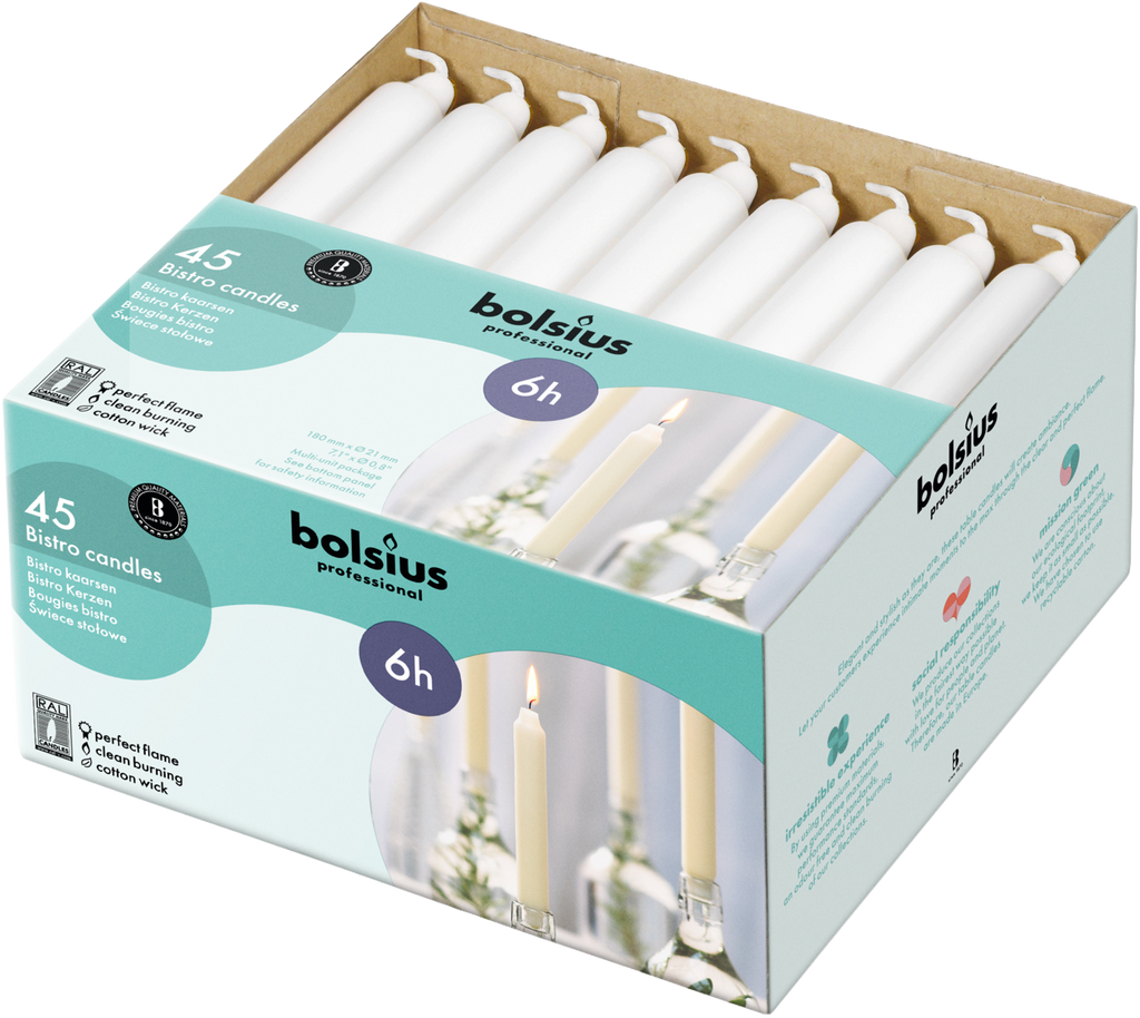 Bolsius - Bistro kaars - Wit - 18cm - 135 Stuks - 6 Branduren - Dinerkaarsen