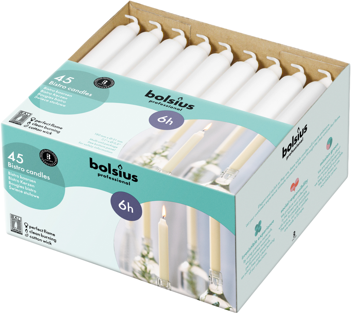 Bolsius - Bistro kaars - Wit - 18cm - 135 Stuks - 6 Branduren - Dinerkaarsen