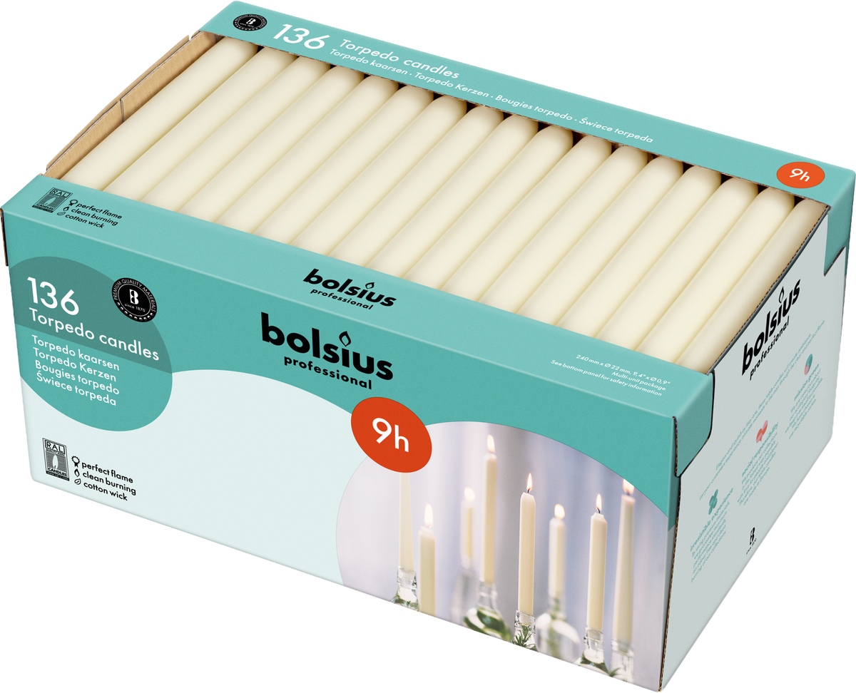 Bolsius Professional - Torpedokaarsen - Ivoor - 136 Stuks - 9 Branduren