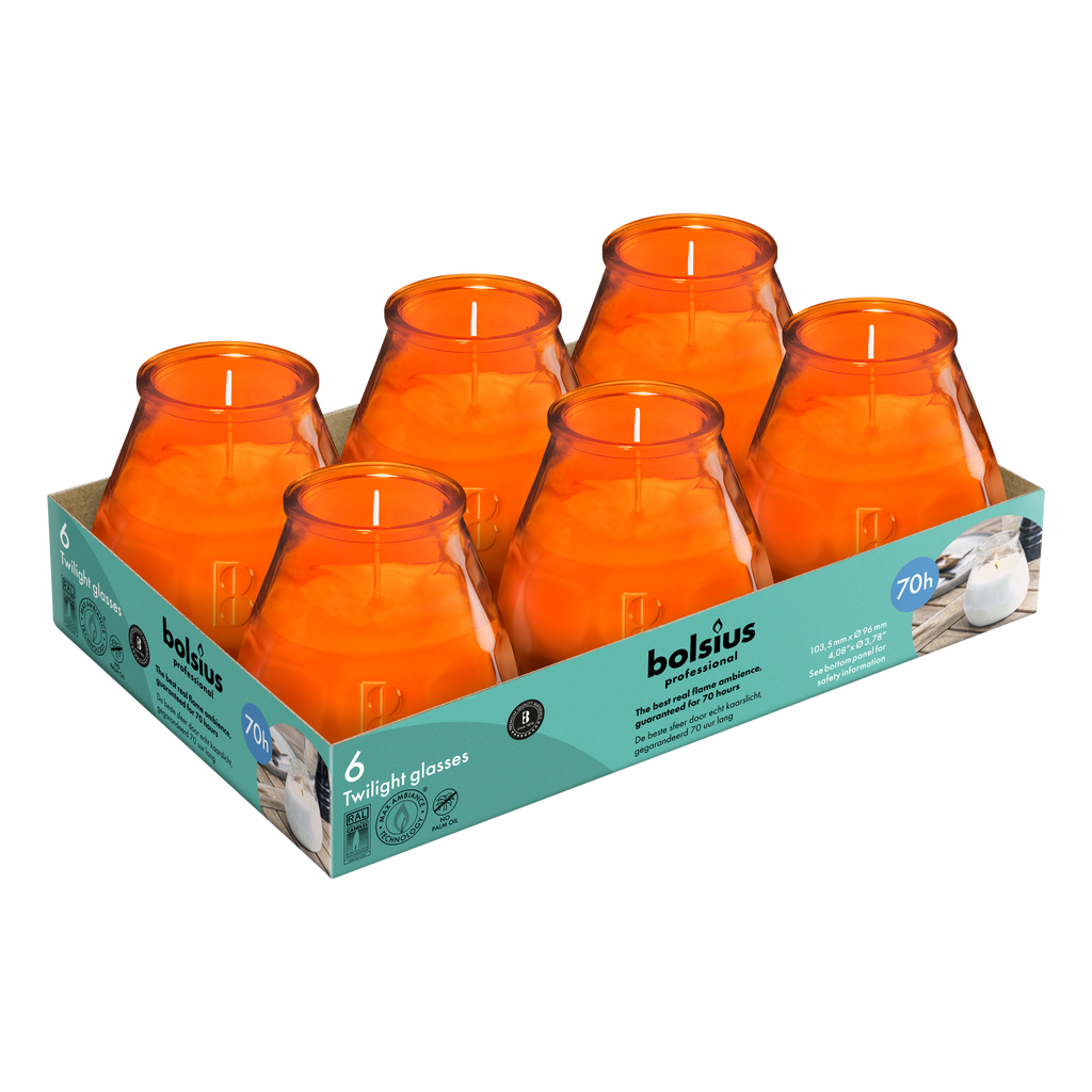 Bolsius - Twilight - Kaars in glas - Patio - Oranje - Tray 6 - 70 branduren
