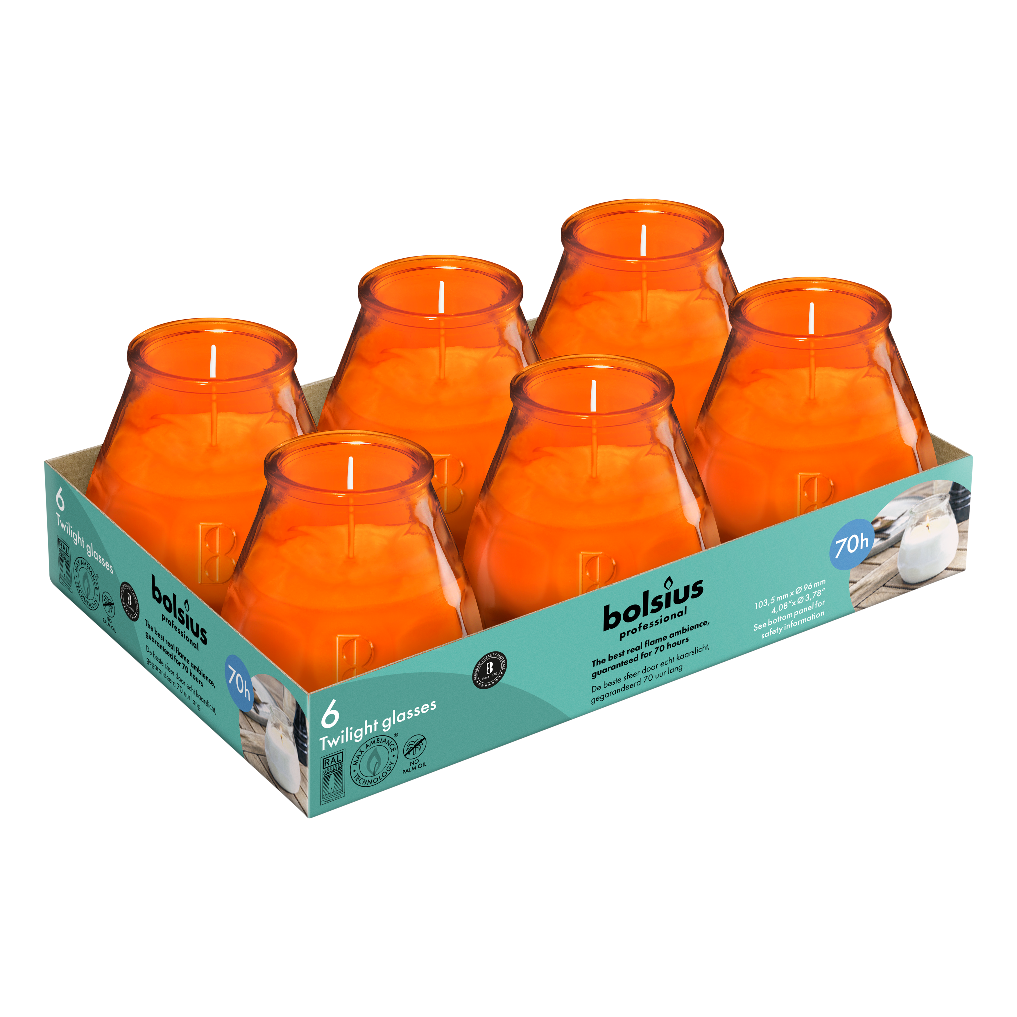 Bolsius - Twilight - Kaars in glas - Patio - Oranje - Tray 6 - 70 branduren