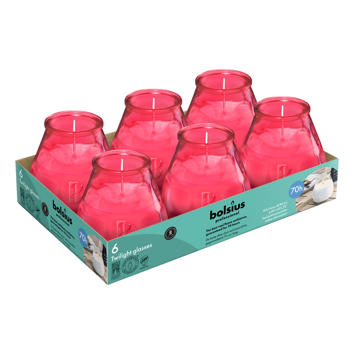 Twilight - Kaars in glas - Patio - Fuchsia - Tray 6 - 70 branduren