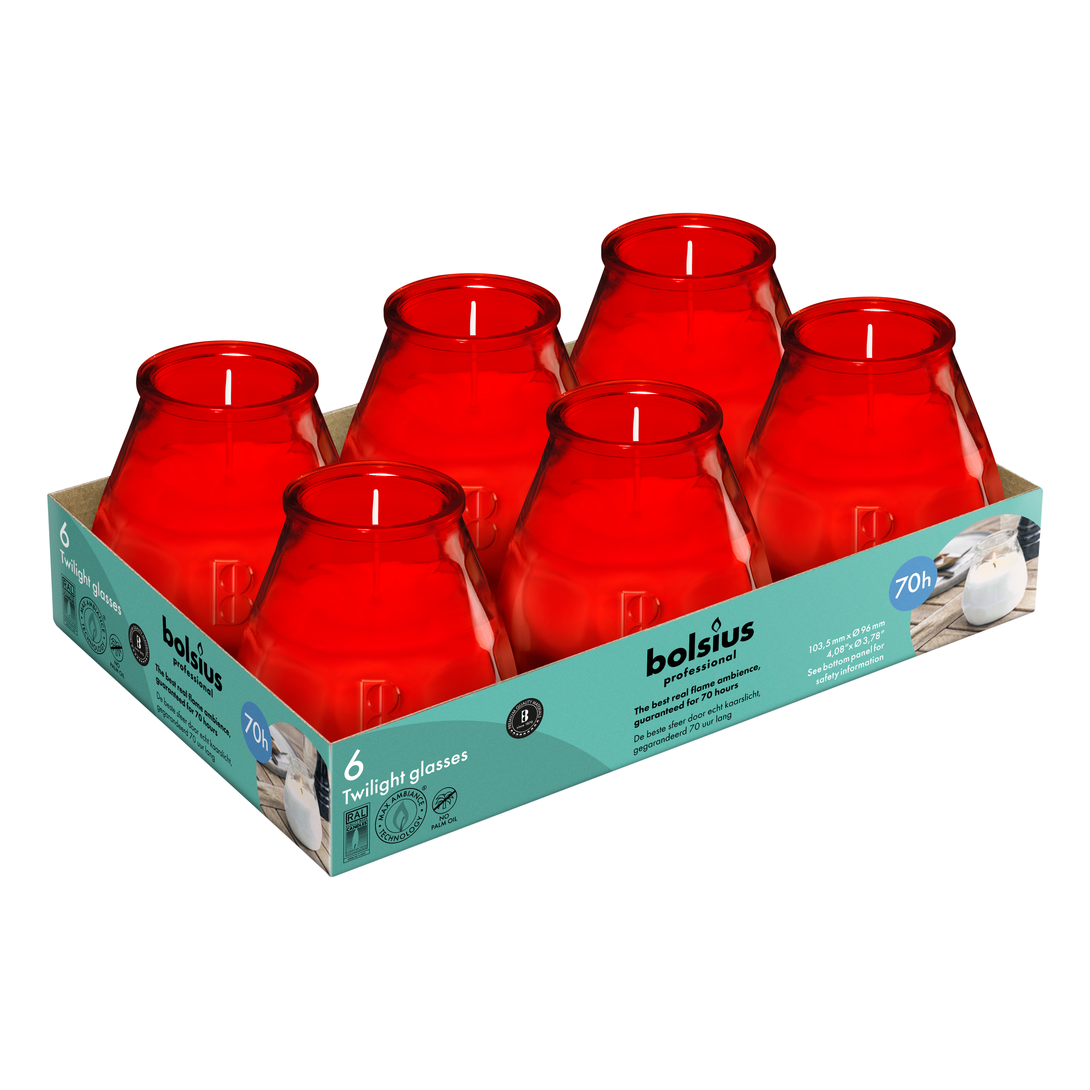 Bolsius - Twilight - Kaars in glas - Patio - Rood - Tray 6 - 70 branduren