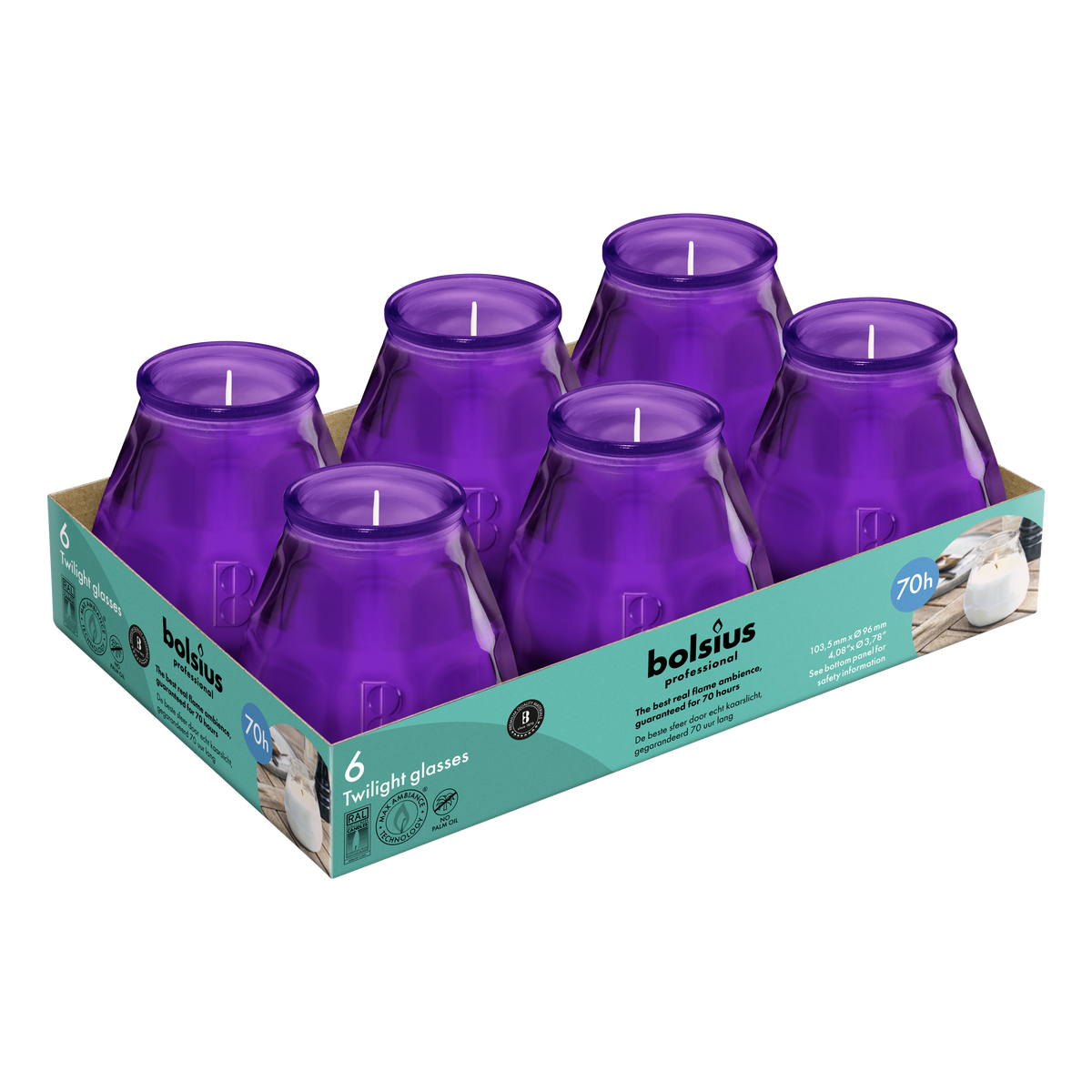 Bolsius - Twilight - Kaars in glas - Patio - Paars - Tray 6 - 70 branduren