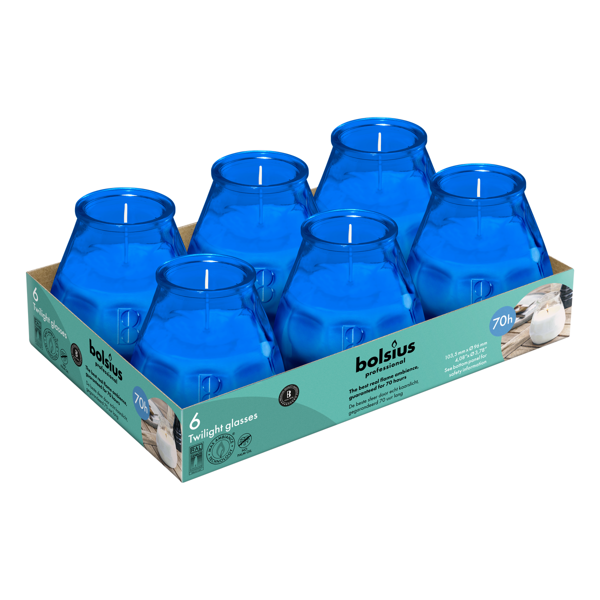Bolsius - Twilight - Kaars in glas - Patio - Blauw - Tray 6 - 70 branduren