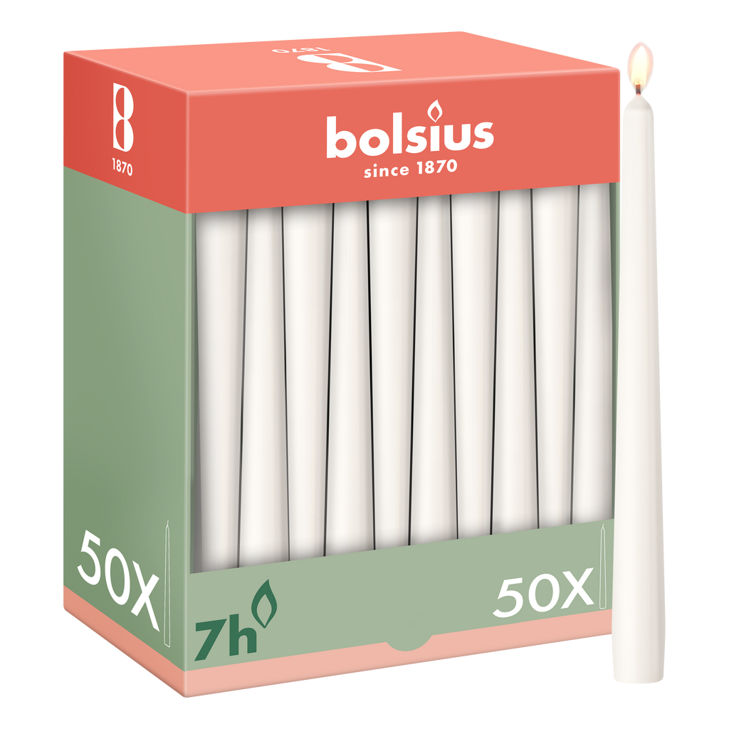 Bolsius - Gladde Dinerkaarsen - 50 stuks - Wit - 24,5 cm - Voordeelverpakking