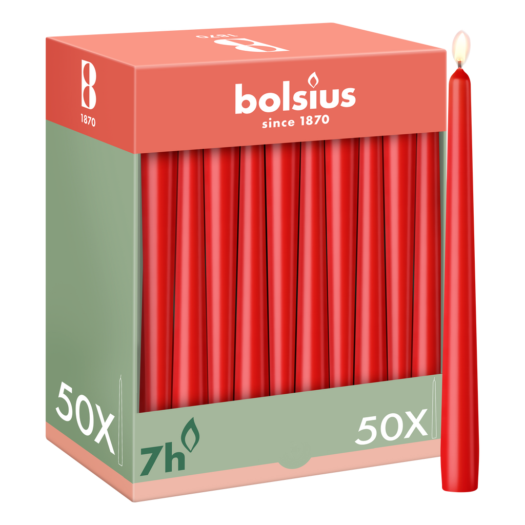 Bolsius - Gladde Dinerkaarsen - 50 stuks - Rood - 24,5 cm - Voordeelverpakking