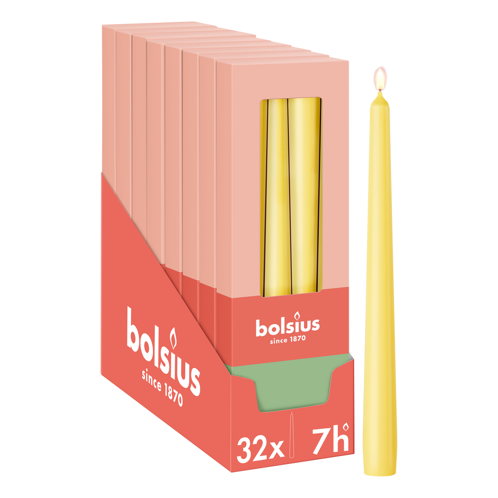 Bolsius - Gladde Dinerkaarsen - 24,5 cm - 32 stuks - Geel