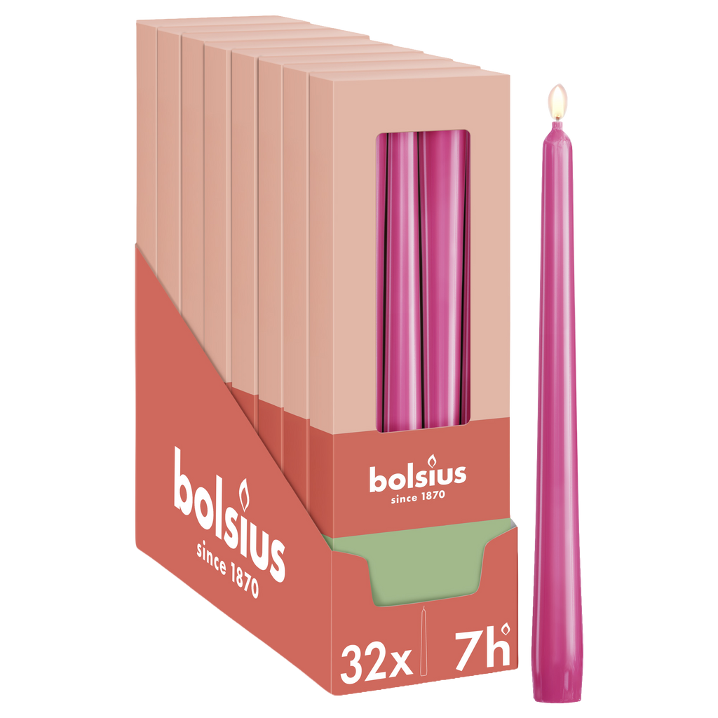Bolsius - Glossy - Dinerkaarsen - 32 stuks - Fuchsia - 24,5 cm - 7 branduren