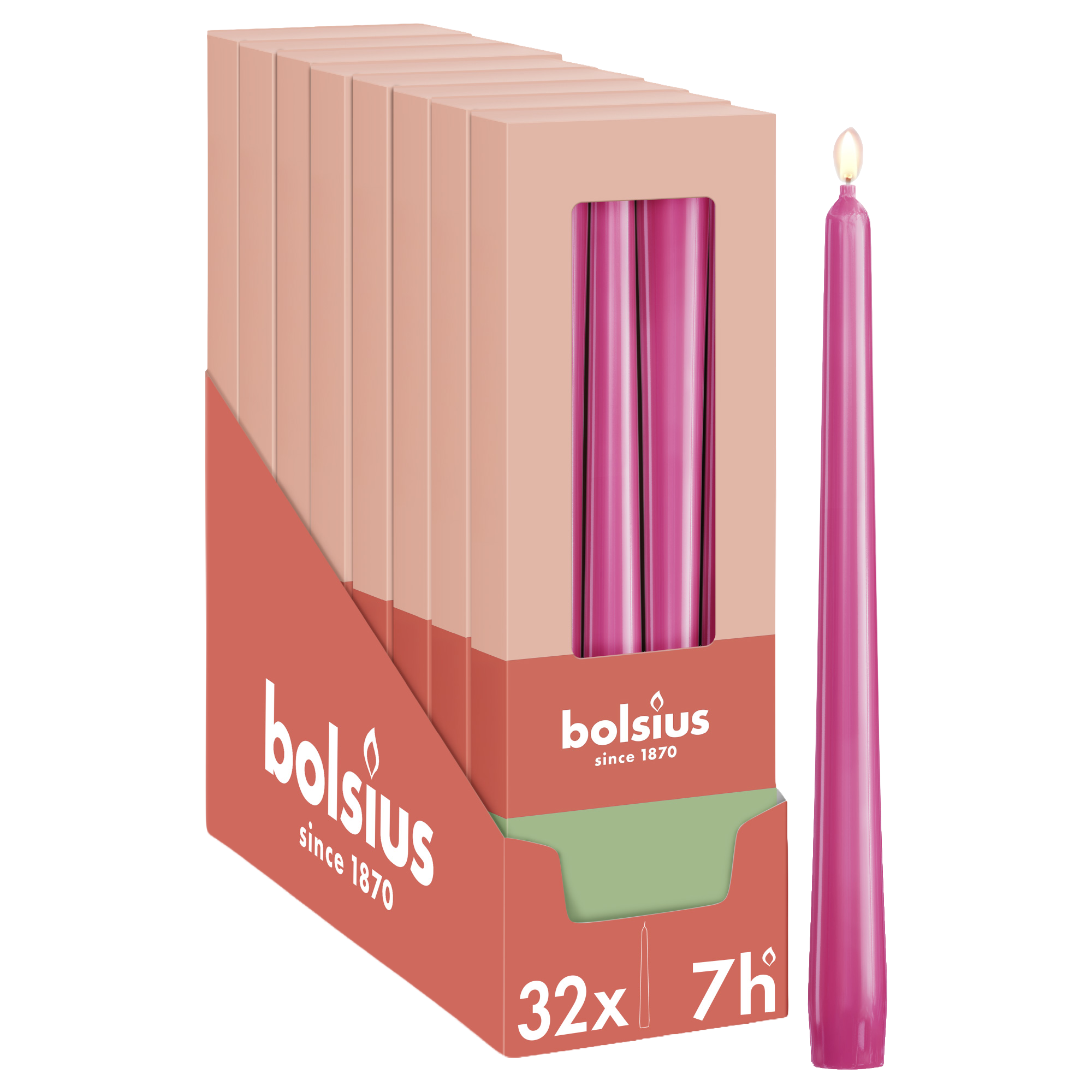 Bolsius - Glossy - Dinerkaarsen - 32 stuks - Fuchsia - 24,5 cm - 7 branduren