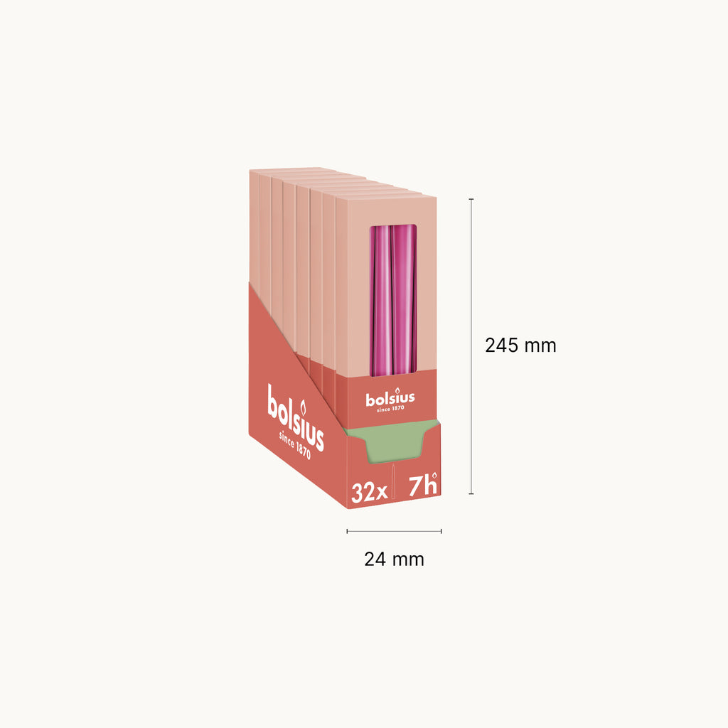 Bolsius - Glossy - Dinerkaarsen - 32 stuks - Fuchsia - 24,5 cm - 7 branduren