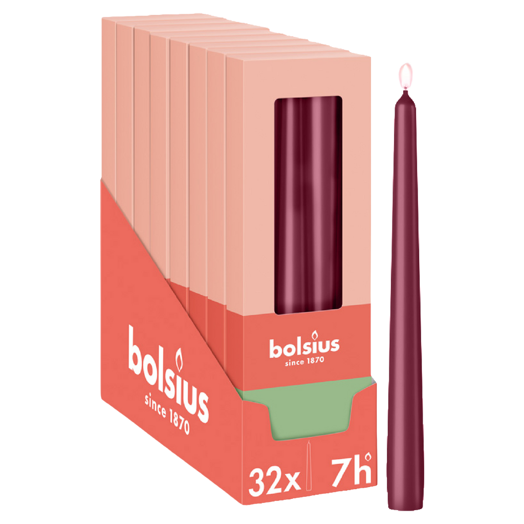 Bolsius - Glossy - Dinerkaarsen - 32 stuks - Rood - 24,5 cm - 7 branduren