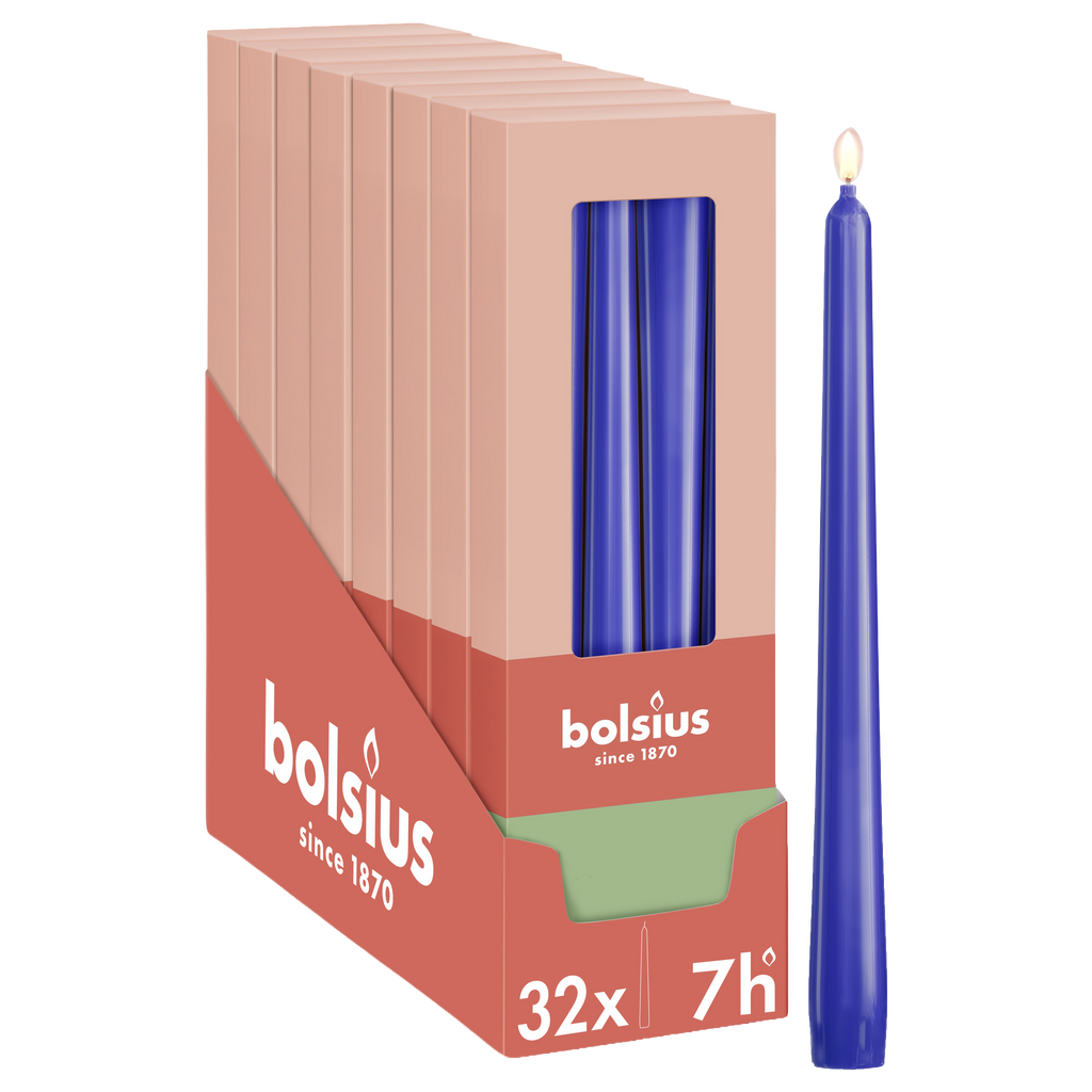 Bolsius - Glossy - Dinerkaarsen - 32 stuks - Blauw - 24,5 cm - 7 branduren