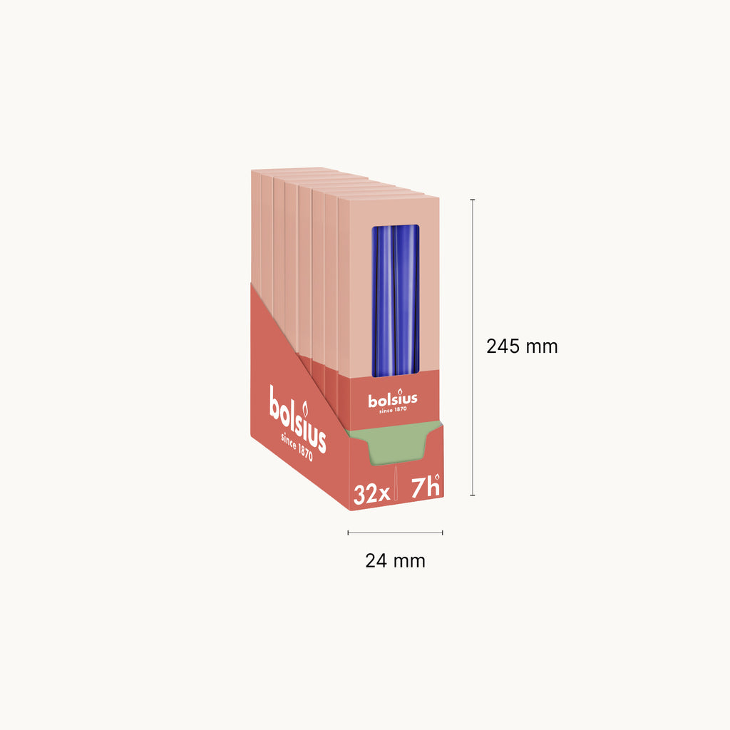 Bolsius - Glossy - Dinerkaarsen - 32 stuks - Blauw - 24,5 cm - 7 branduren