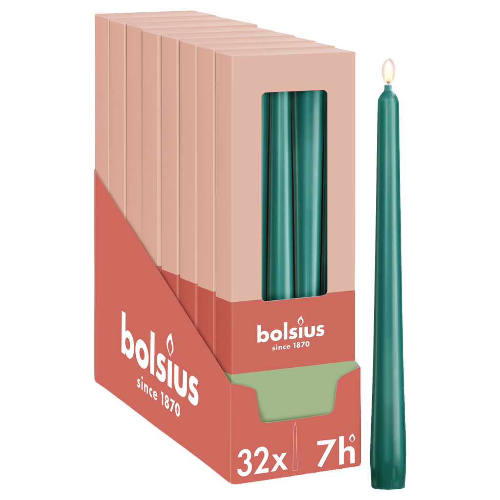 Bolsius - Glossy - Dinerkaarsen - 32 stuks - Groen - 24,5 cm - 7 branduren