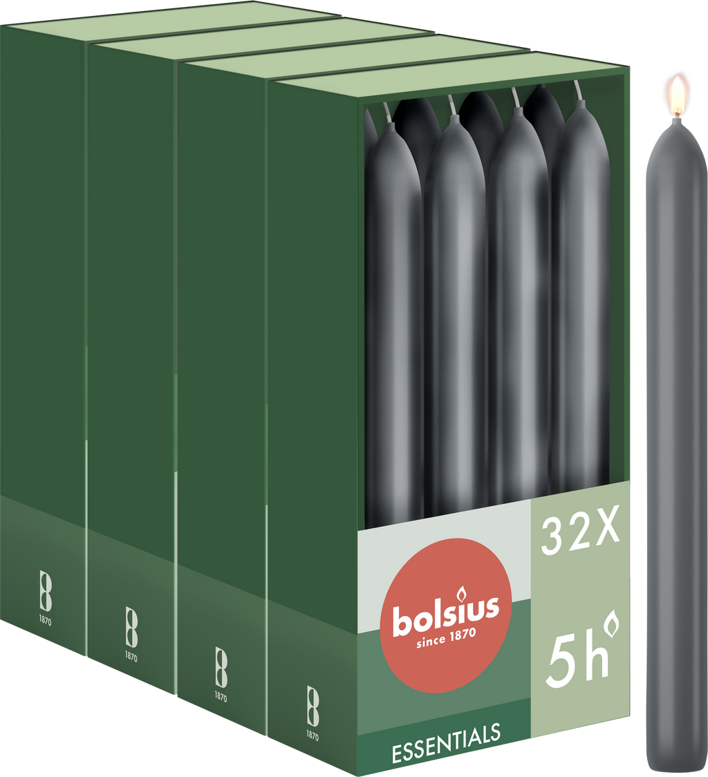 Bolsius - Gladde Dinerkaarsen - 17 cm - 32 stuks - Antraciet - Donker Grijs