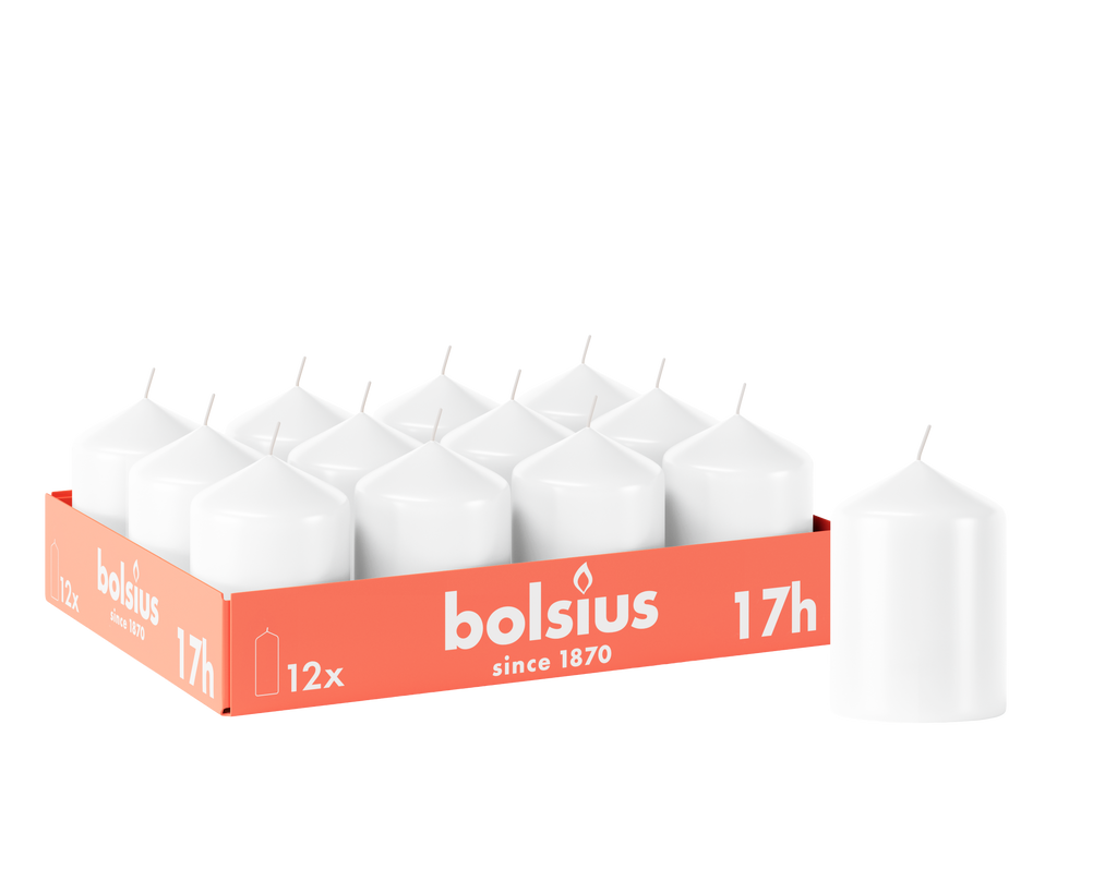 Bolsius - Gladde Stompkaarsen - 12 stuks - Wit - 17 branduren - 8 x 5,8 cm