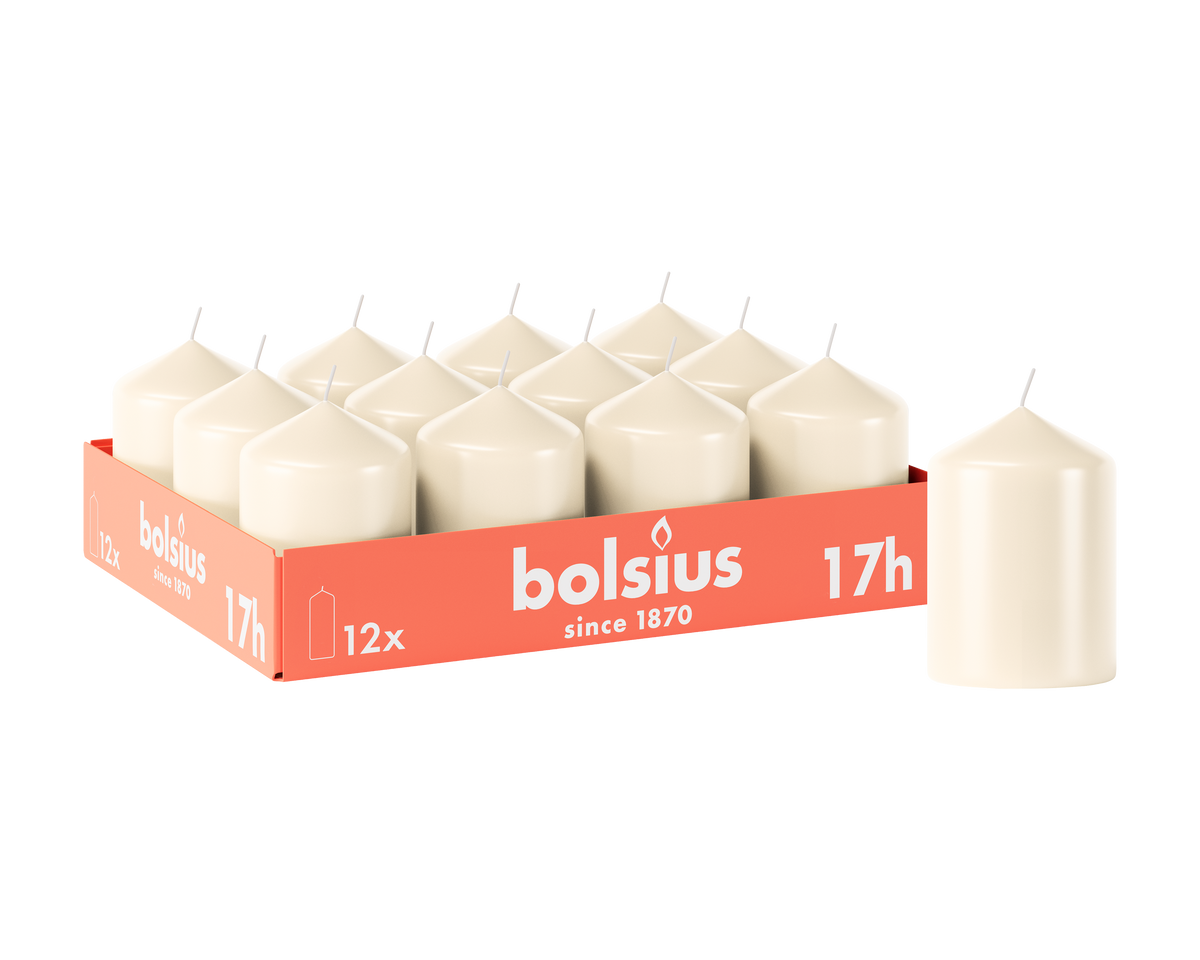 Bolsius - Gladde Stompkaarsen - 12 stuks - Ivoor - 17 branduren - 8 x 5,8 cm