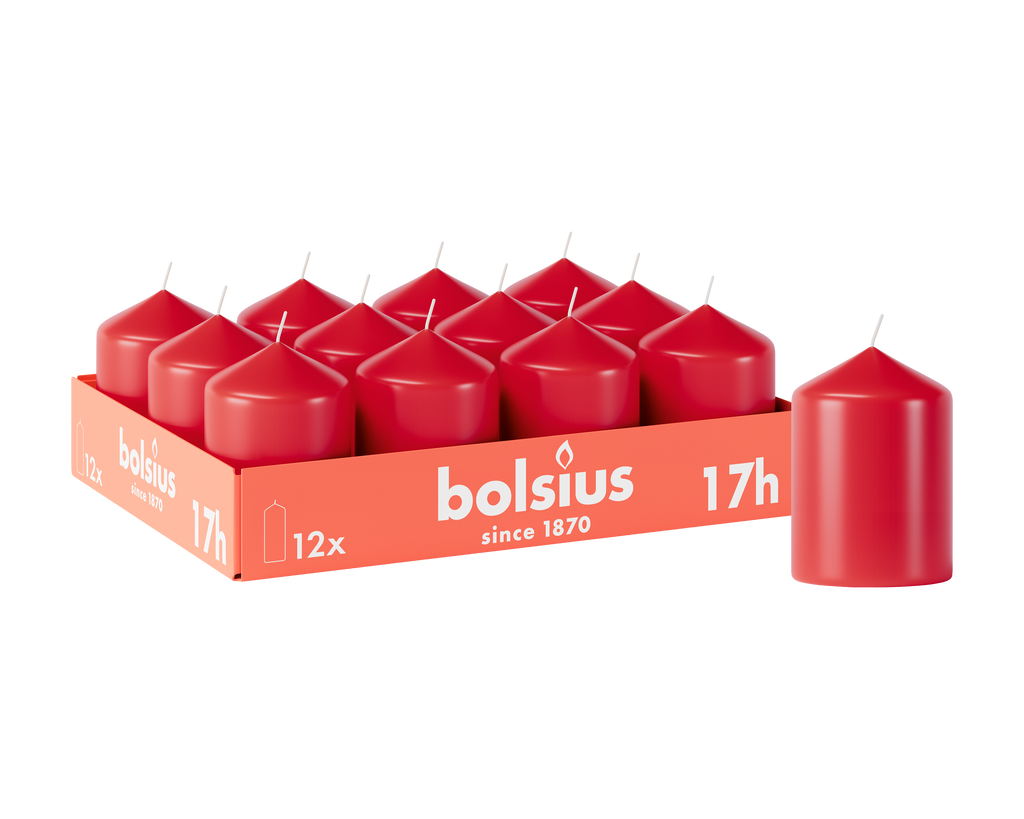 Bolsius - Gladde Stompkaarsen - 12 stuks - Rood - 17 branduren - 8 x 5,8 cm