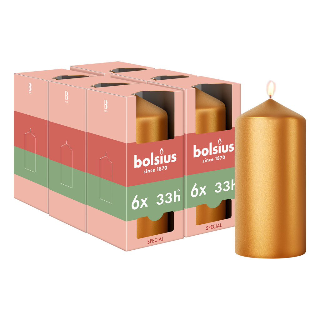 Bolsius - Gladde Stompkaars - 6 stuks - Metallic Goud - 12 cm - 33 Branduren