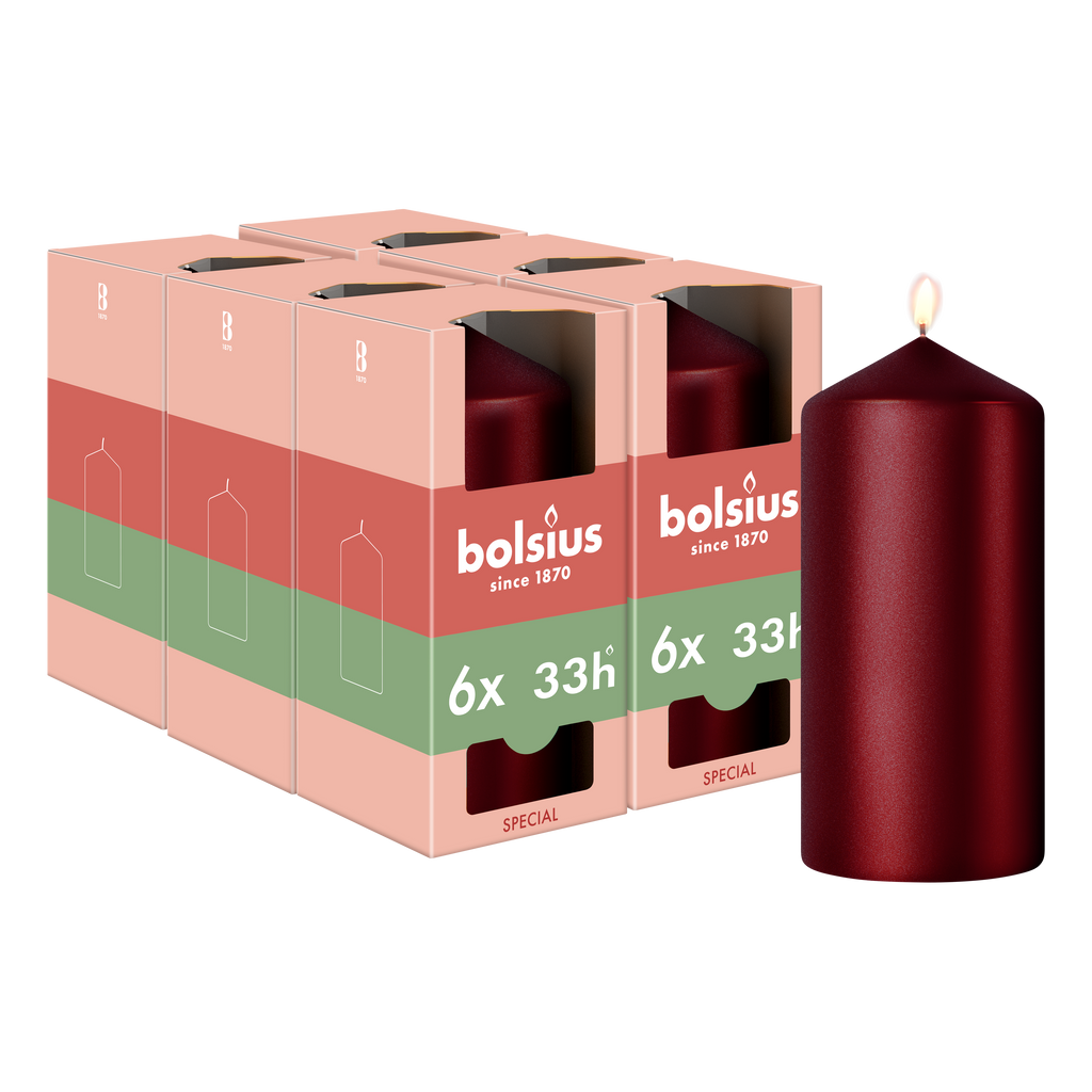 Bolsius - Gladde Stompkaars - 6 stuks - Metallic Rood - 12 cm - 33 Branduren