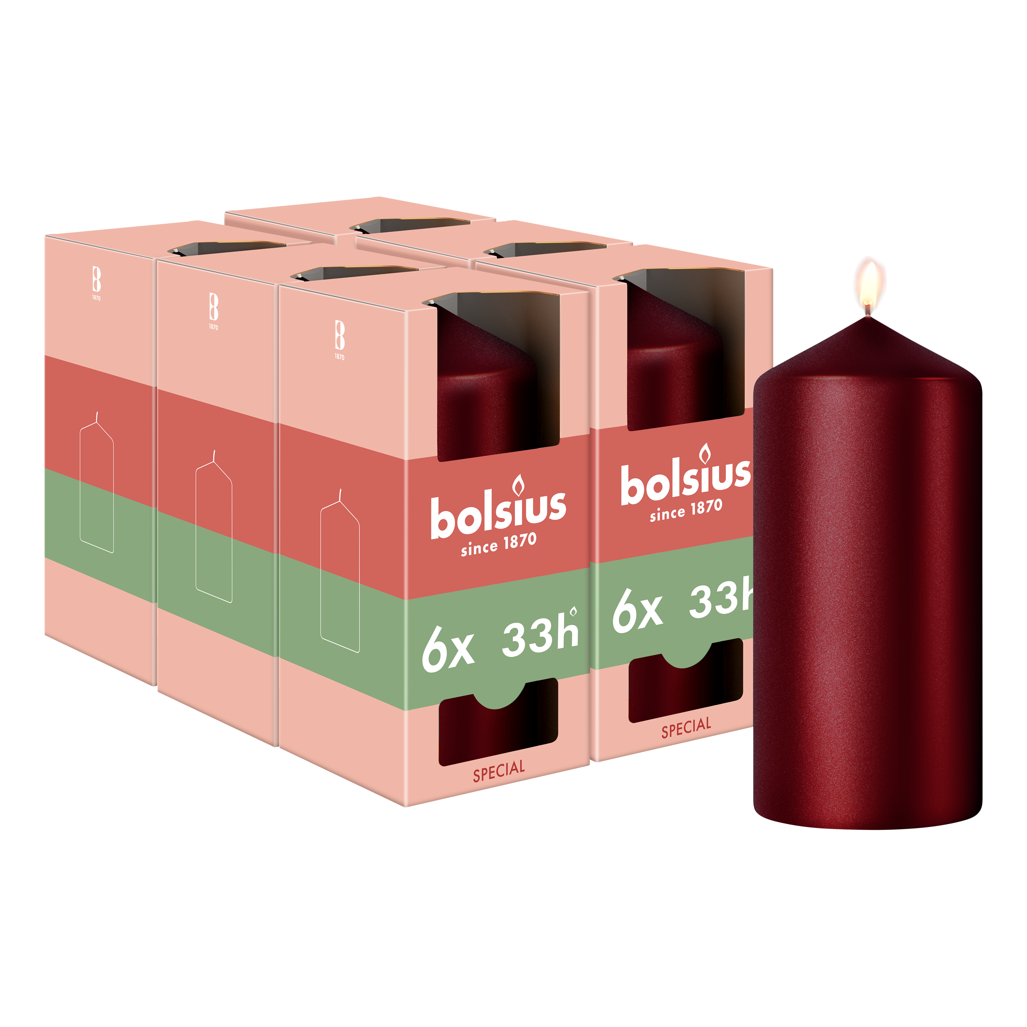 Bolsius - Gladde Stompkaars - 6 stuks - Metallic Rood - 12 cm - 33 Branduren