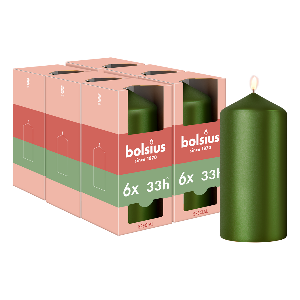 Bolsius - Gladde Stompkaars - 6 stuks - Metallic Groen - 12 cm - 33 Branduren