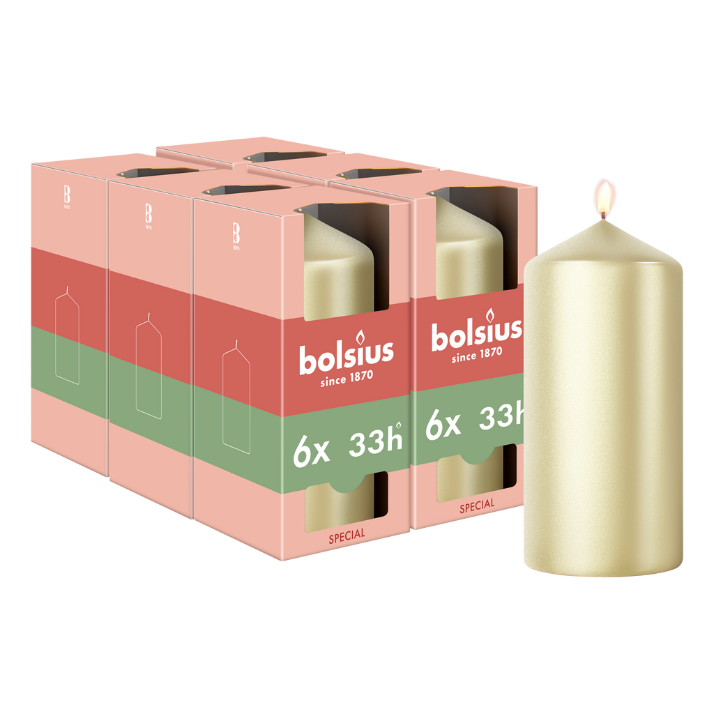 Bolsius - Gladde Stompkaars - 6 stuks - Metallic Wit Zilver - 12 cm - 33 Branduren