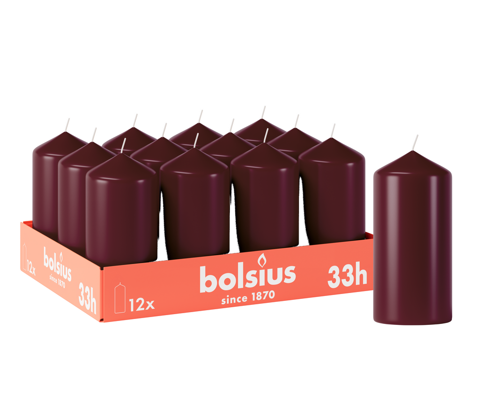 Bolsius - Gladde Stompkaarsen - 12 Stuks - Bordeauxrood - 33 branduren - 12 x 5,8 cm