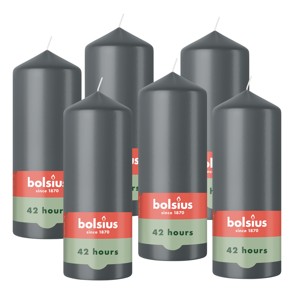 Bolsius - Gladde Stompkaarsen - Antraciet - 6 stuks - 15cm - 42 Branduren