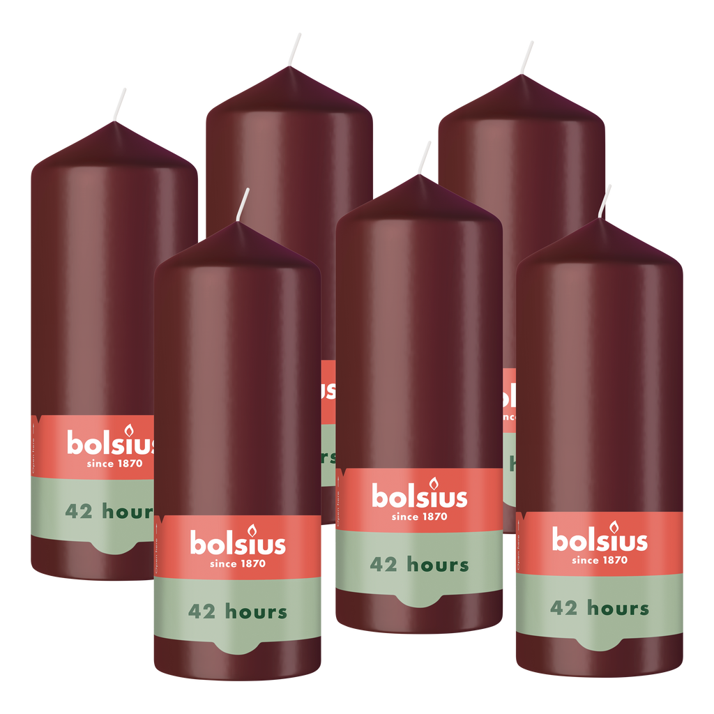 Bolsius - Gladde Stompkaarsen - Bordeaux Rood - 6 stuks - 15cm - 42 Branduren