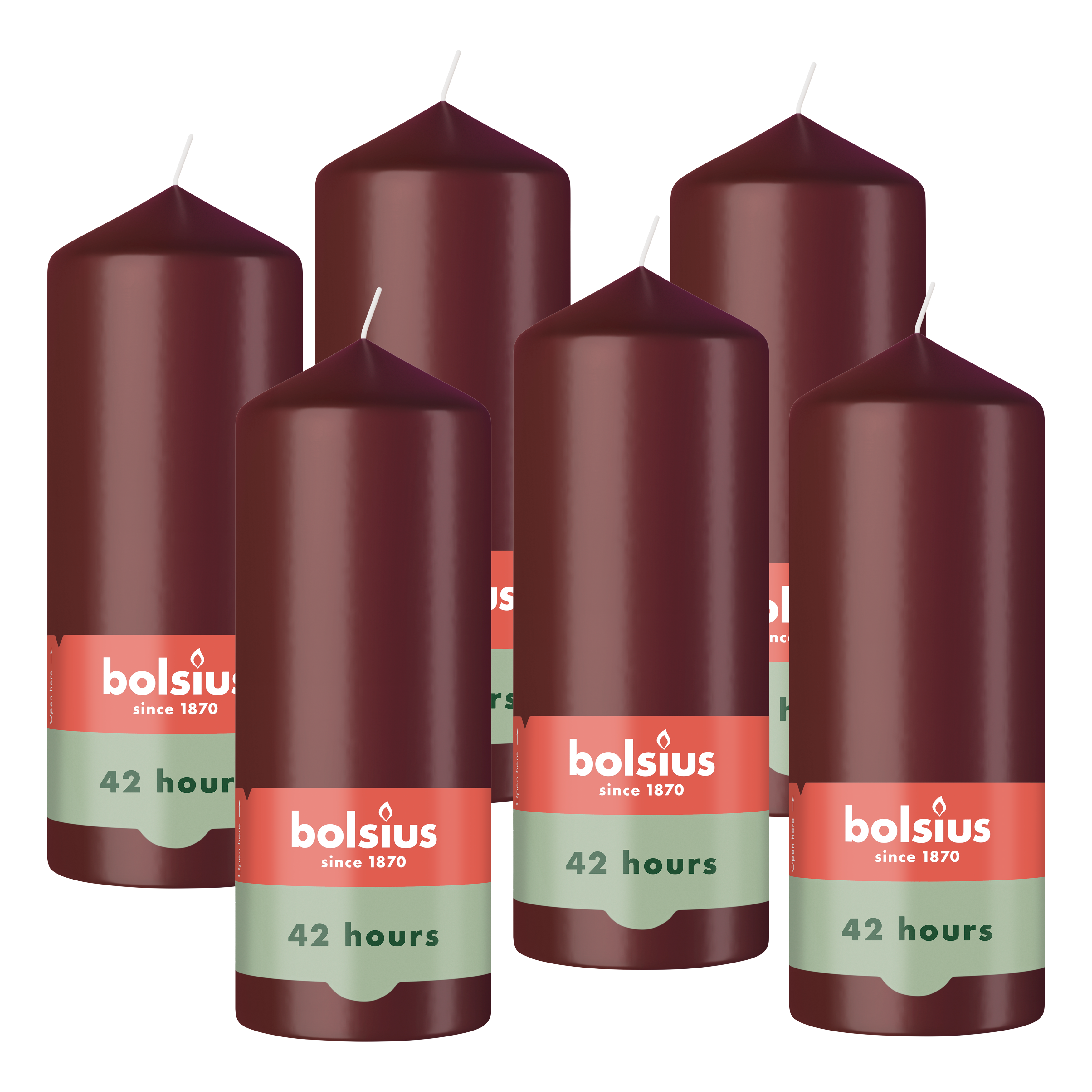 Bolsius - Gladde Stompkaarsen - Bordeaux Rood - 6 stuks - 15cm - 42 Branduren