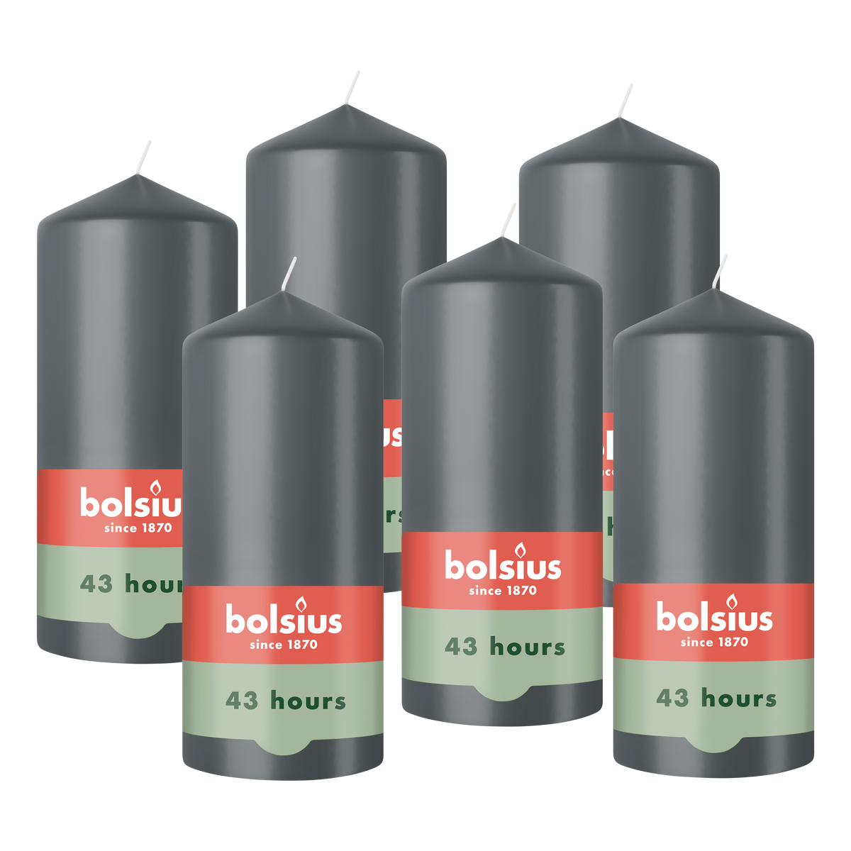 Bolsius - Gladde Stompkaarsen - 6 Stuks - Antraciet - 13 cm - 43 Branduren