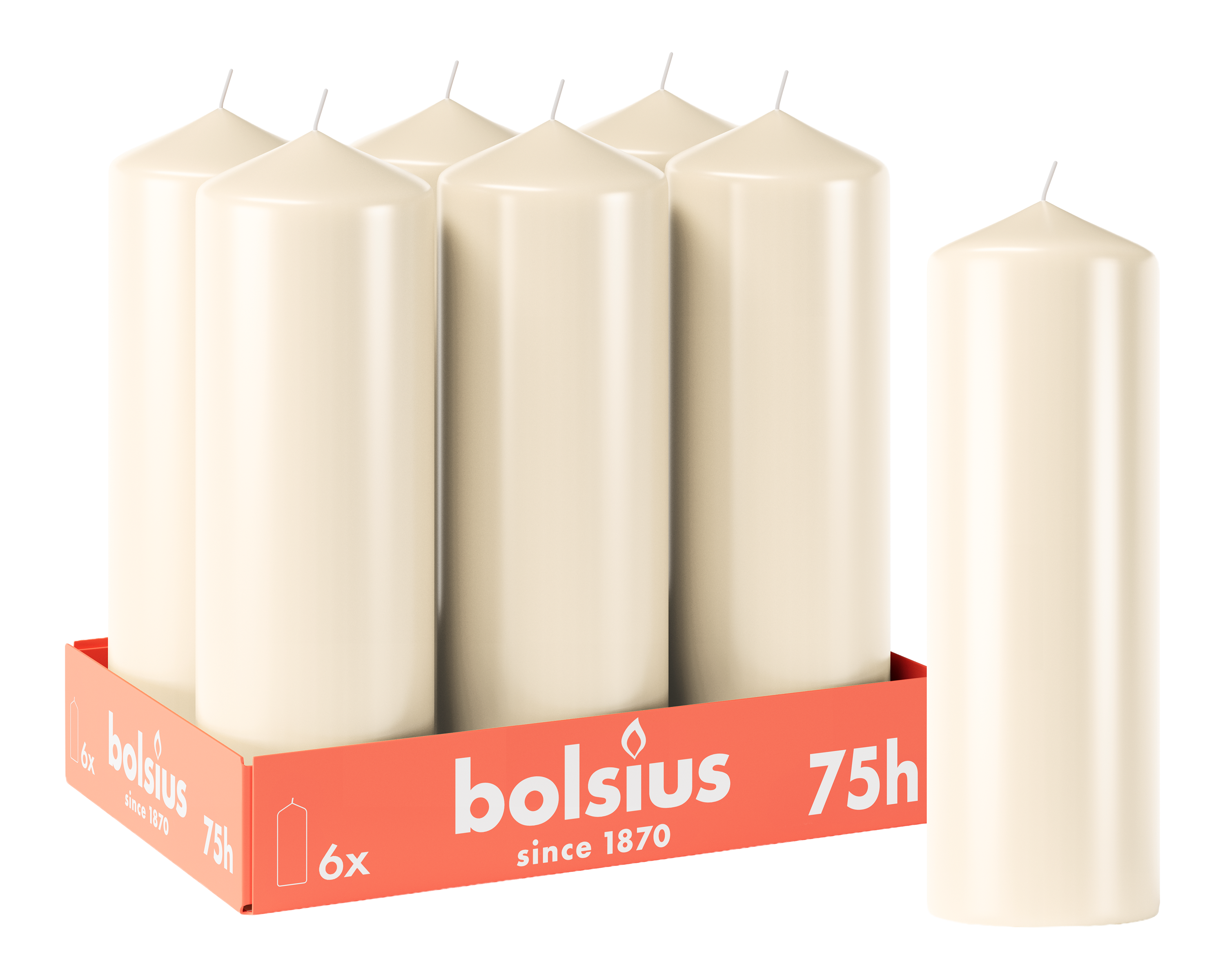 Bolsius - Gladde Stompkaarsen - 6 stuks - Ivoor - 75 branduren - 20 x 6,8 cm